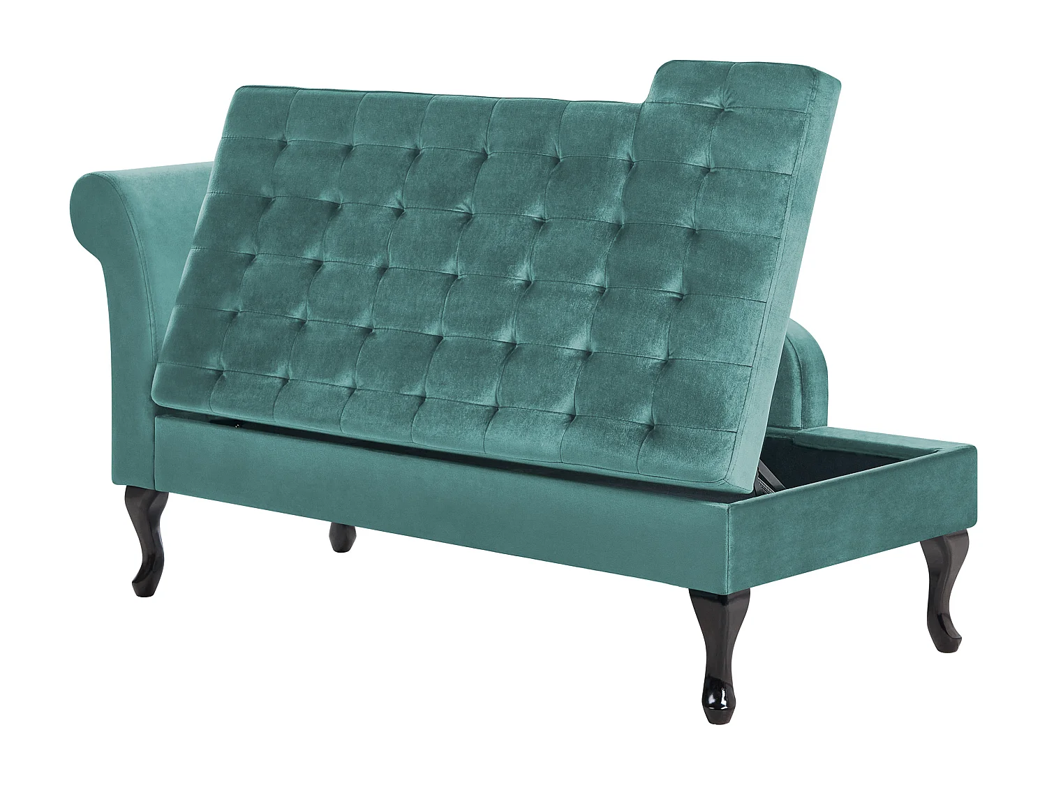 Chaiselongue linksseitig Samt blau grün Lehne Bettkasten Dekokissen Pessac