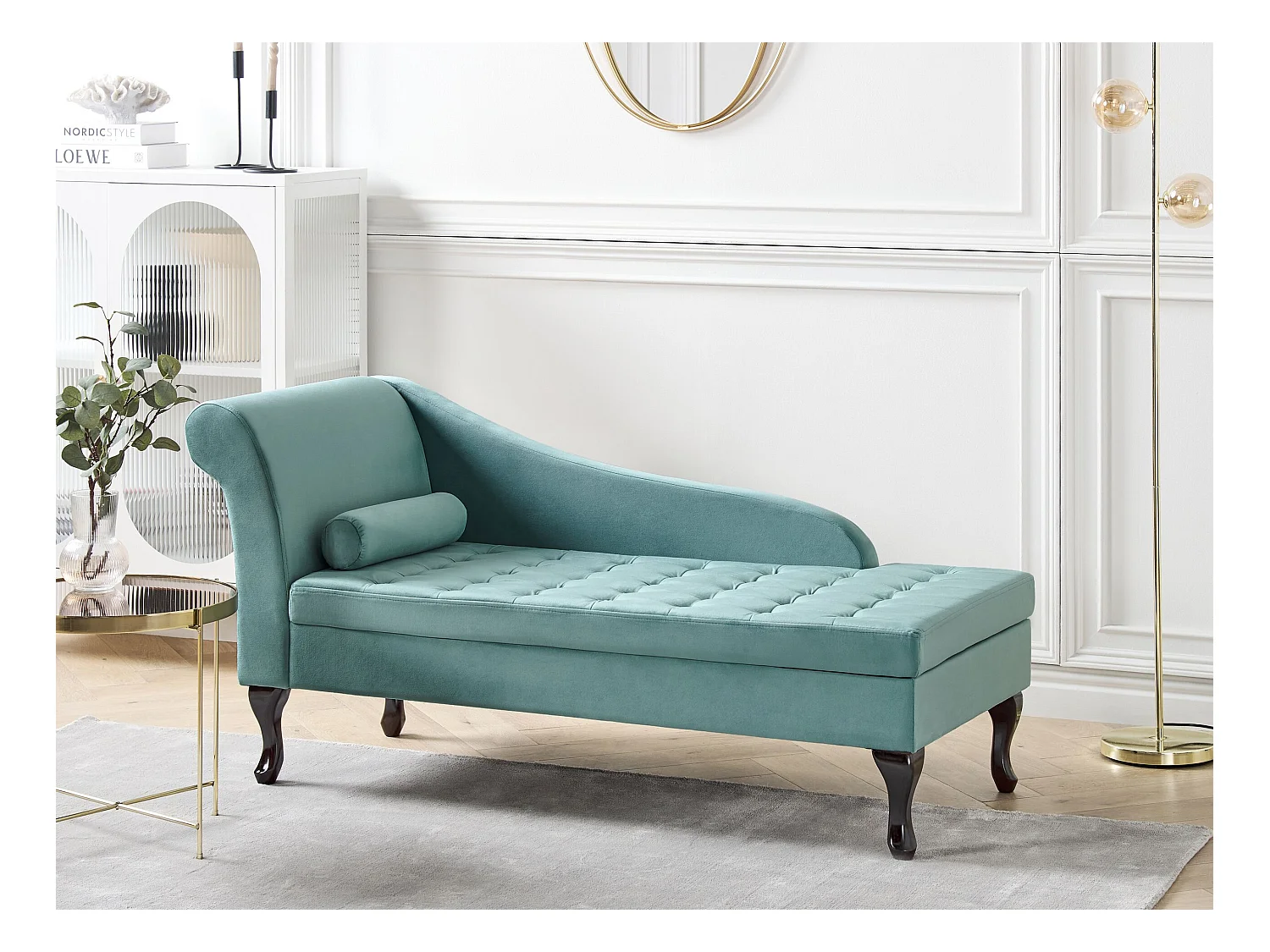 Chaise longue côté droite PESSAC Velours Bleu paon avec rangement