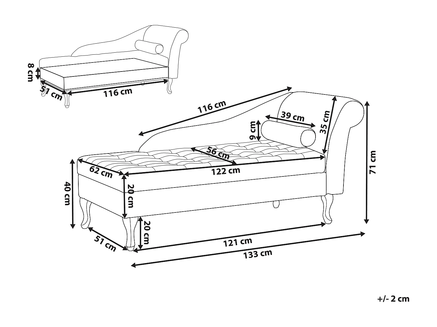 Chaise longue à direita PESSAC Veludo Taupe com arrumação