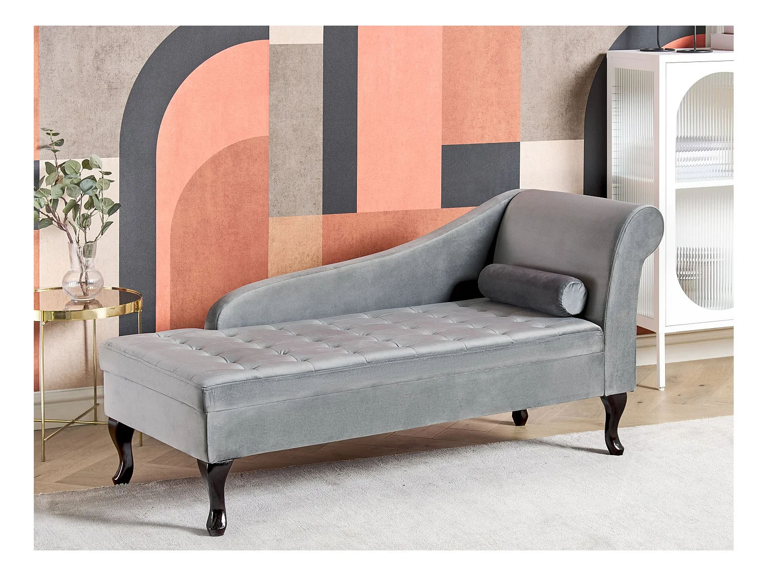 Chaise longue côté droit PESSAC Velours Gris clair avec rangement