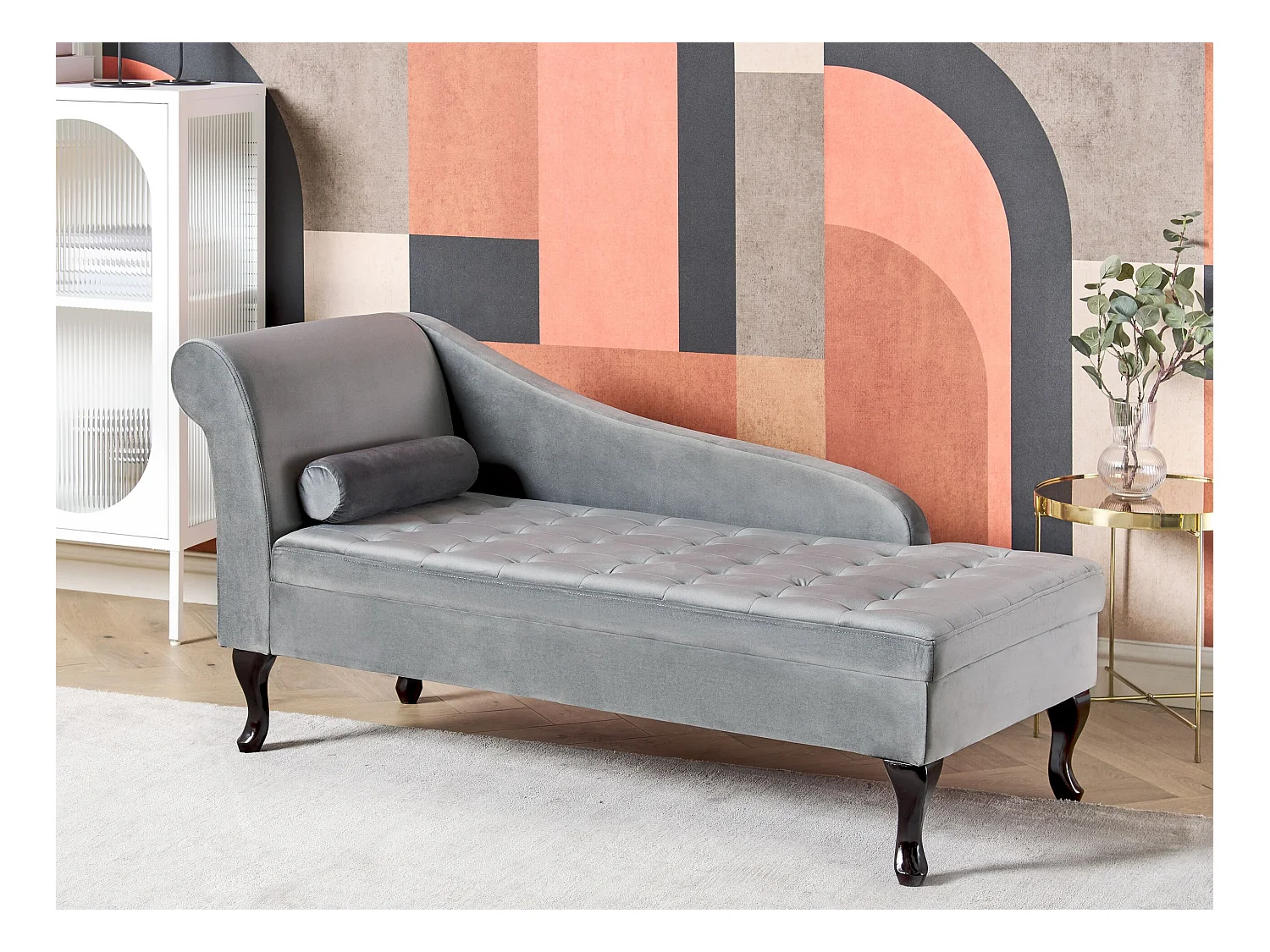 Chaiselongue linksseitig Samt helles Grau Lehne Bettkasten Dekokissen Pessac