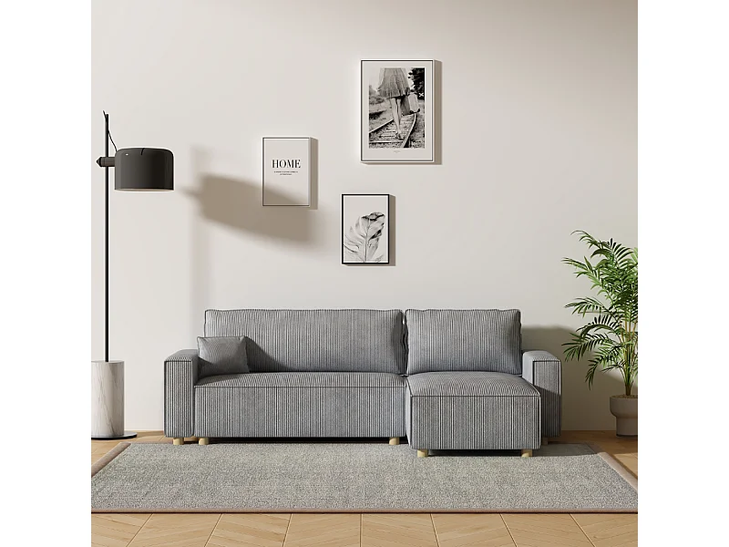 Sofá esquinero convertible en pana gris claro COSY