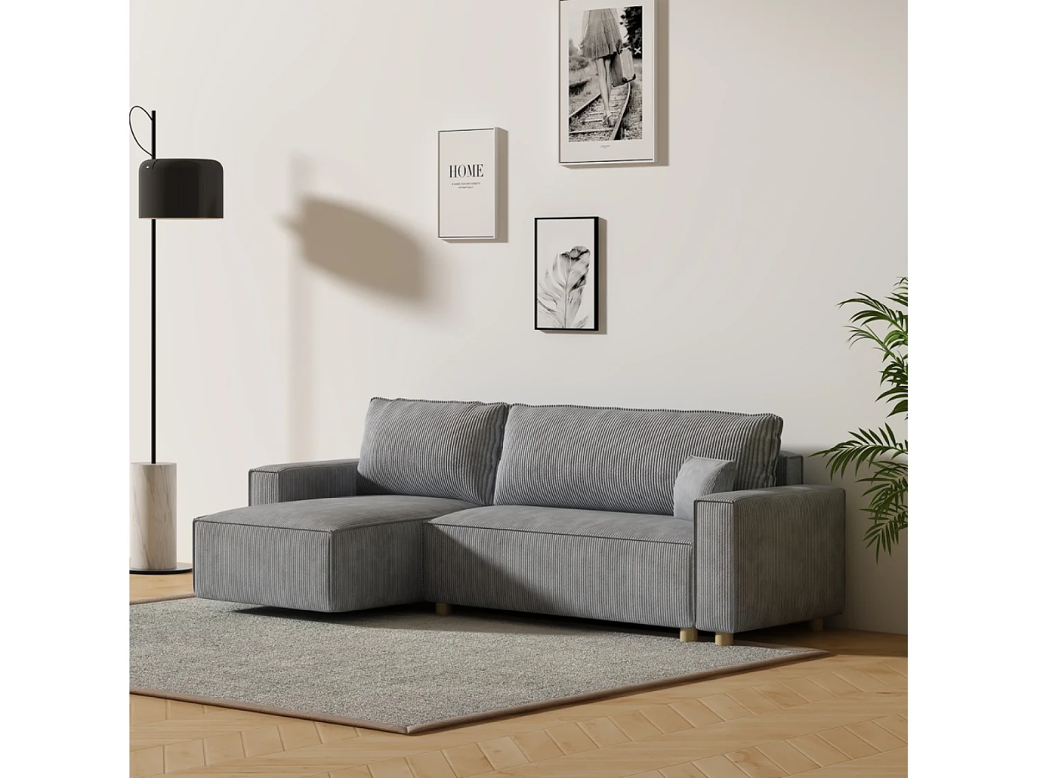 Sofá de canto conversível em veludo cotelê cinza claro COSY