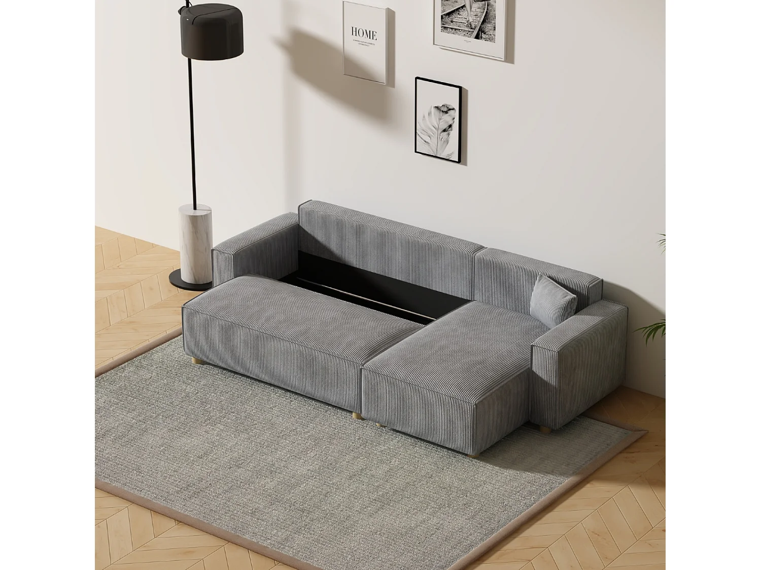 Sofá de canto conversível em veludo cotelê cinza claro COSY