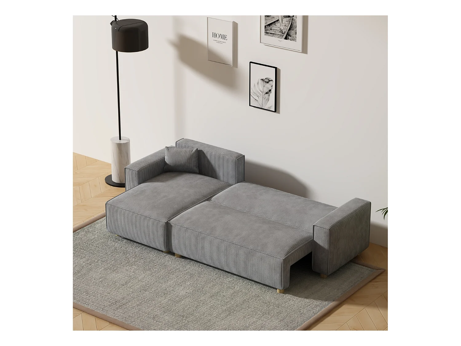 Sofá esquinero convertible en pana gris claro COSY