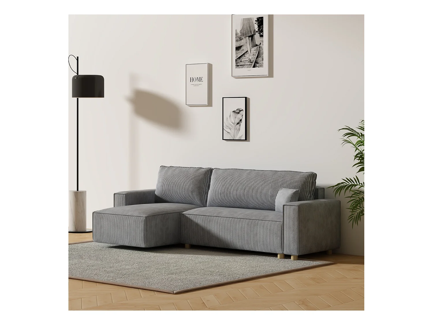 Sofá esquinero convertible en pana gris claro COSY