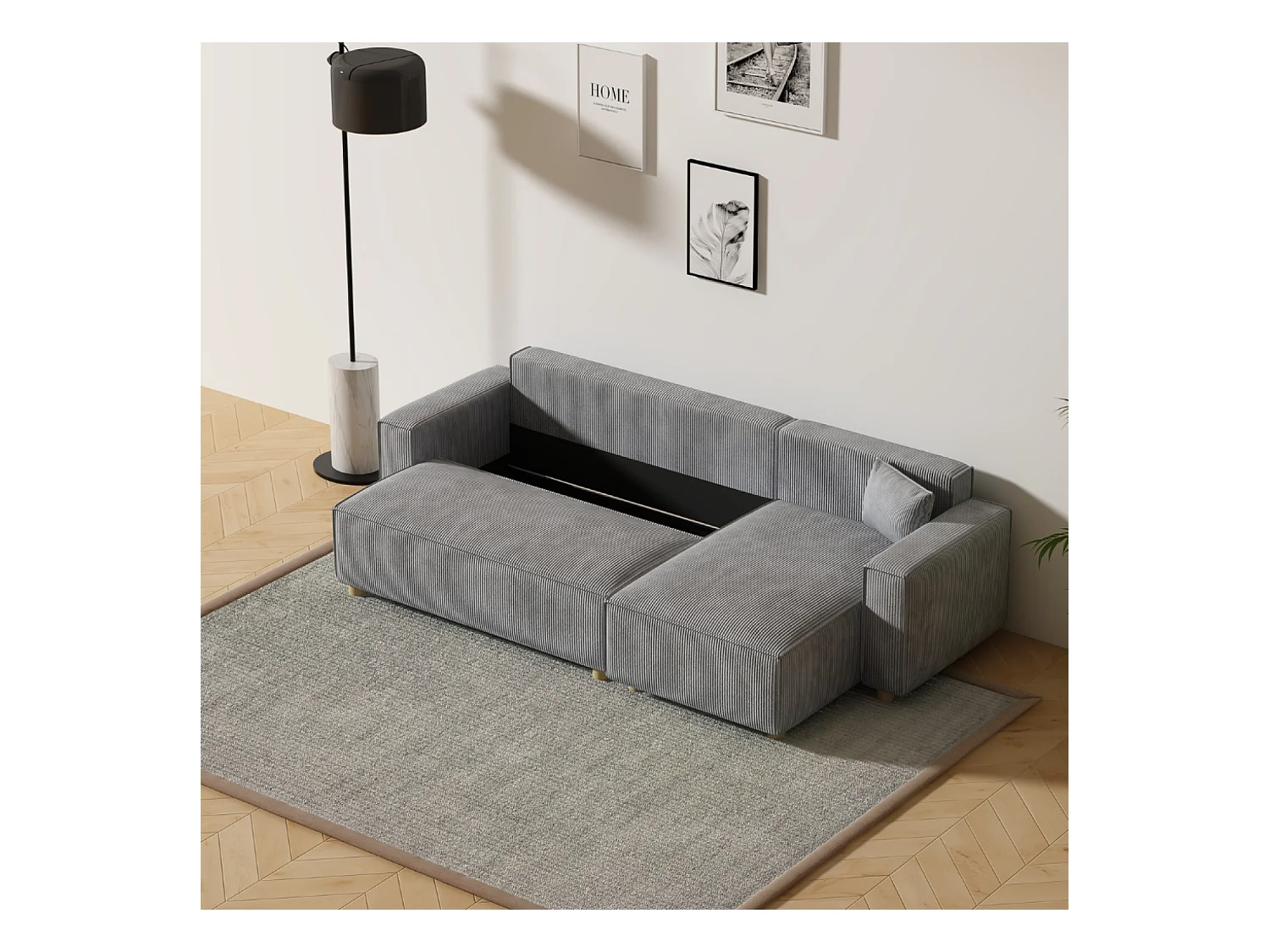 Sofá esquinero convertible en pana gris claro COSY