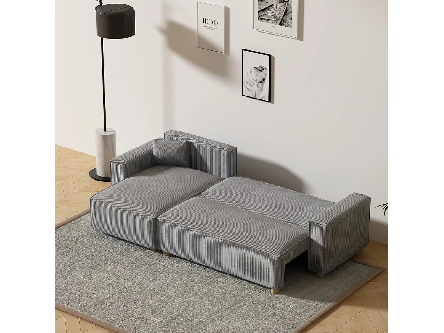 Canapé convertible d'angle en velours côtelé gris clair COSY