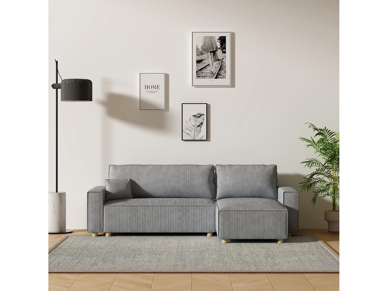 Canapé convertible d'angle en velours côtelé gris clair COSY