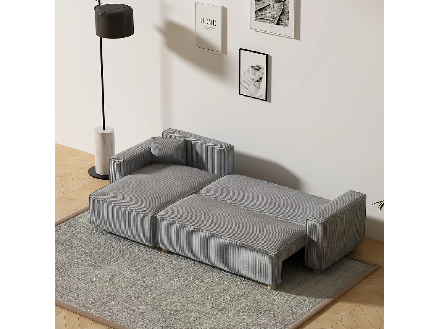 Canapé convertible d'angle en velours côtelé gris clair COSY