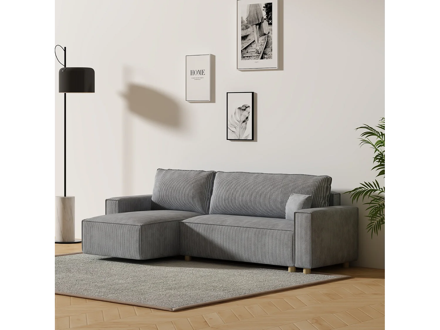 Hoekbank van lichtgrijze ribfluweel COSY, omvormbaar