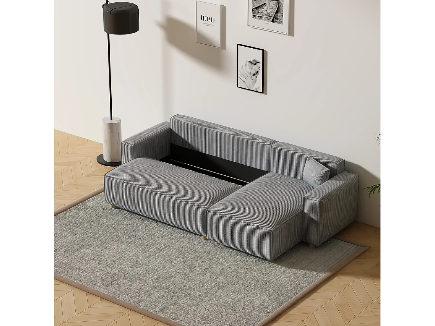 Hoekbank van lichtgrijze ribfluweel COSY, omvormbaar