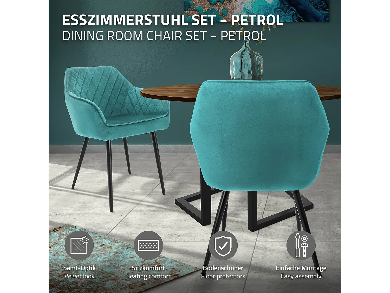 Lot de 6 chaises de salle à manger pétrole assise dossier et accoudoirs ergonomiques revêtement en velours doux pieds noir en acier design moderne