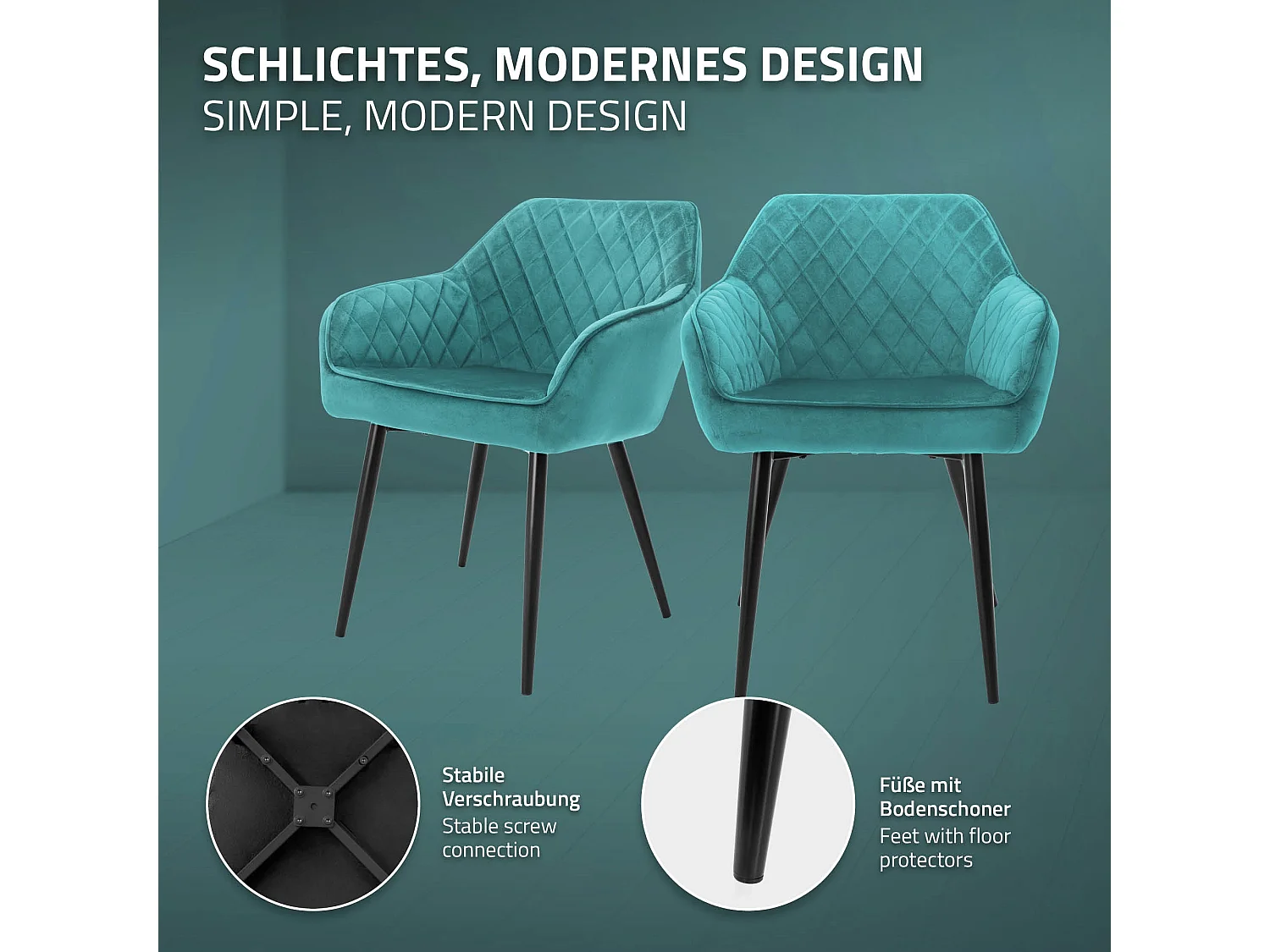 Lot de 6 chaises de salle à manger pétrole assise dossier et accoudoirs ergonomiques revêtement en velours doux pieds noir en acier design moderne
