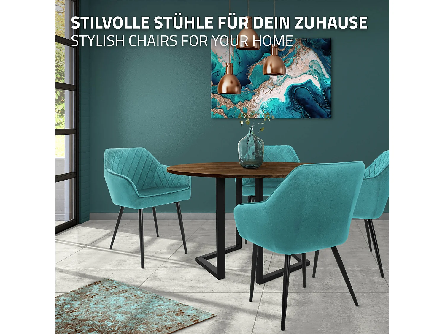 Lot de 6 chaises de salle à manger pétrole assise dossier et accoudoirs ergonomiques revêtement en velours doux pieds noir en acier design moderne