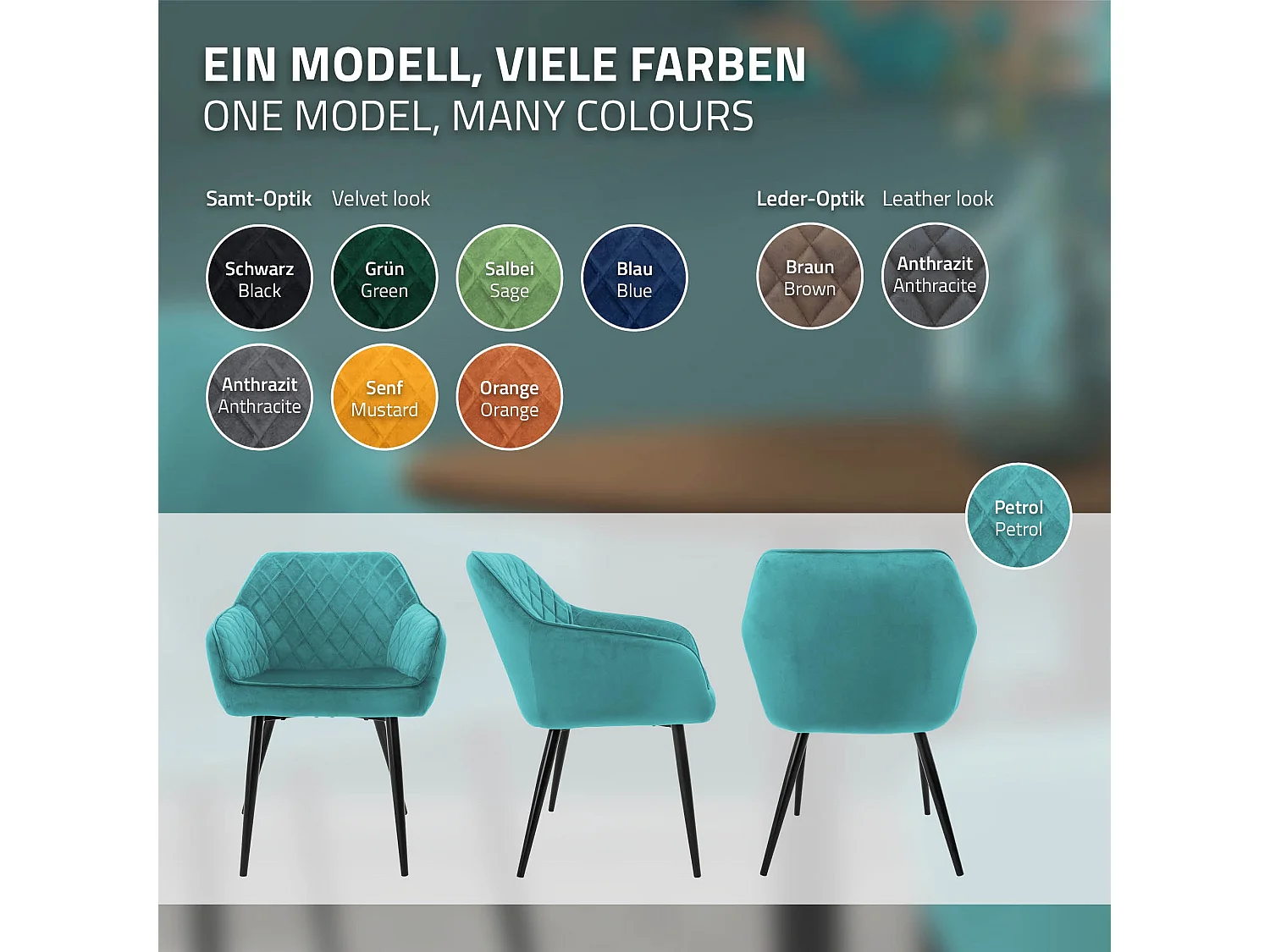 Lot de 6 chaises de salle à manger pétrole assise dossier et accoudoirs ergonomiques revêtement en velours doux pieds noir en acier design moderne