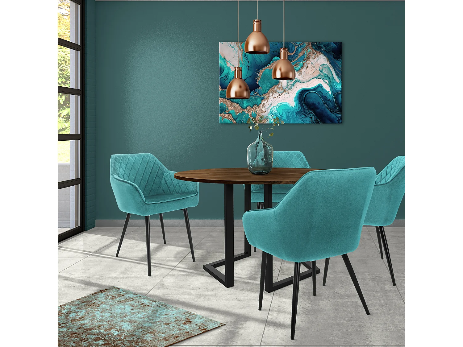 Lot de 6 chaises de salle à manger pétrole assise dossier et accoudoirs ergonomiques revêtement en velours doux pieds noir en acier design moderne