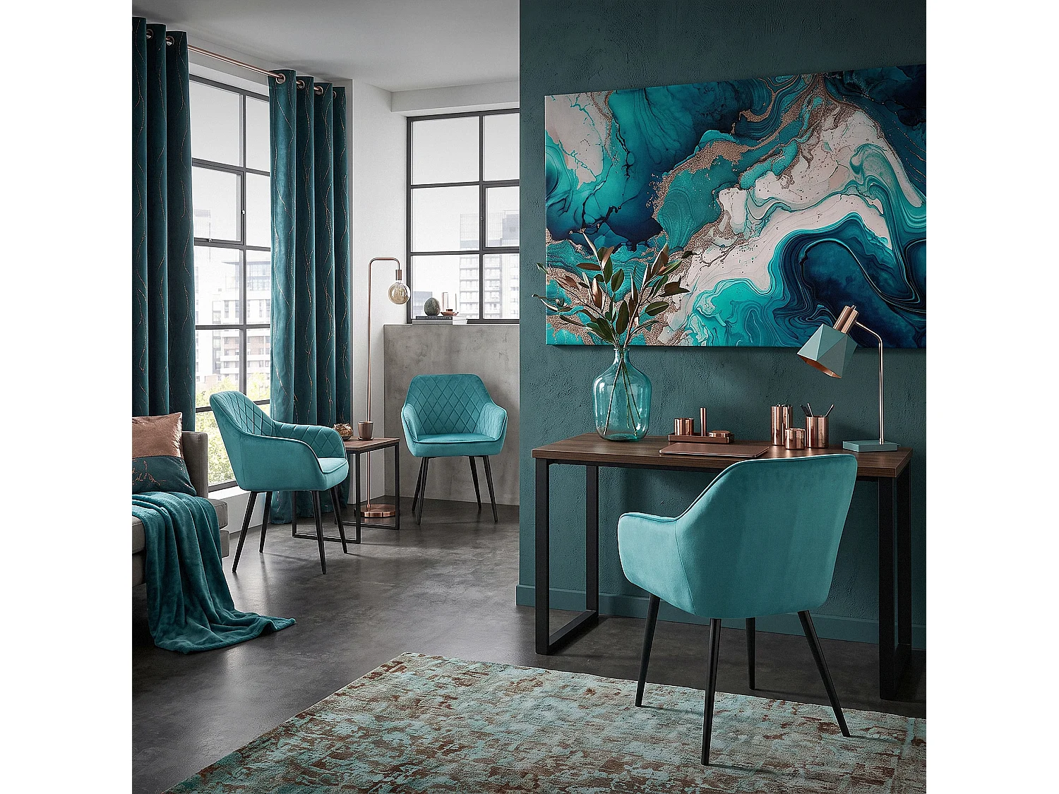 Lot de 6 chaises de salle à manger pétrole assise dossier et accoudoirs ergonomiques revêtement en velours doux pieds noir en acier design moderne