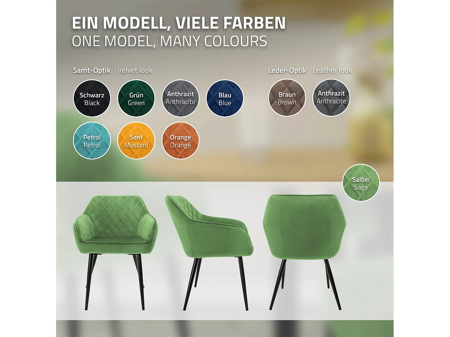 Lot de 6 chaises de salle à manger vert sauge assise dossier et accoudoirs ergonomiques revêtement en velours doux pieds noir en acier design moderne