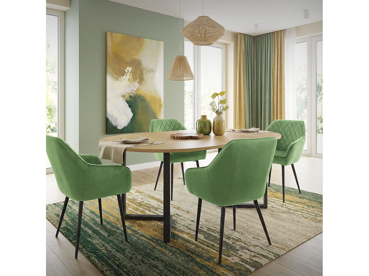 Lot de 6 chaises de salle à manger vert sauge assise dossier et accoudoirs ergonomiques revêtement en velours doux pieds noir en acier design moderne