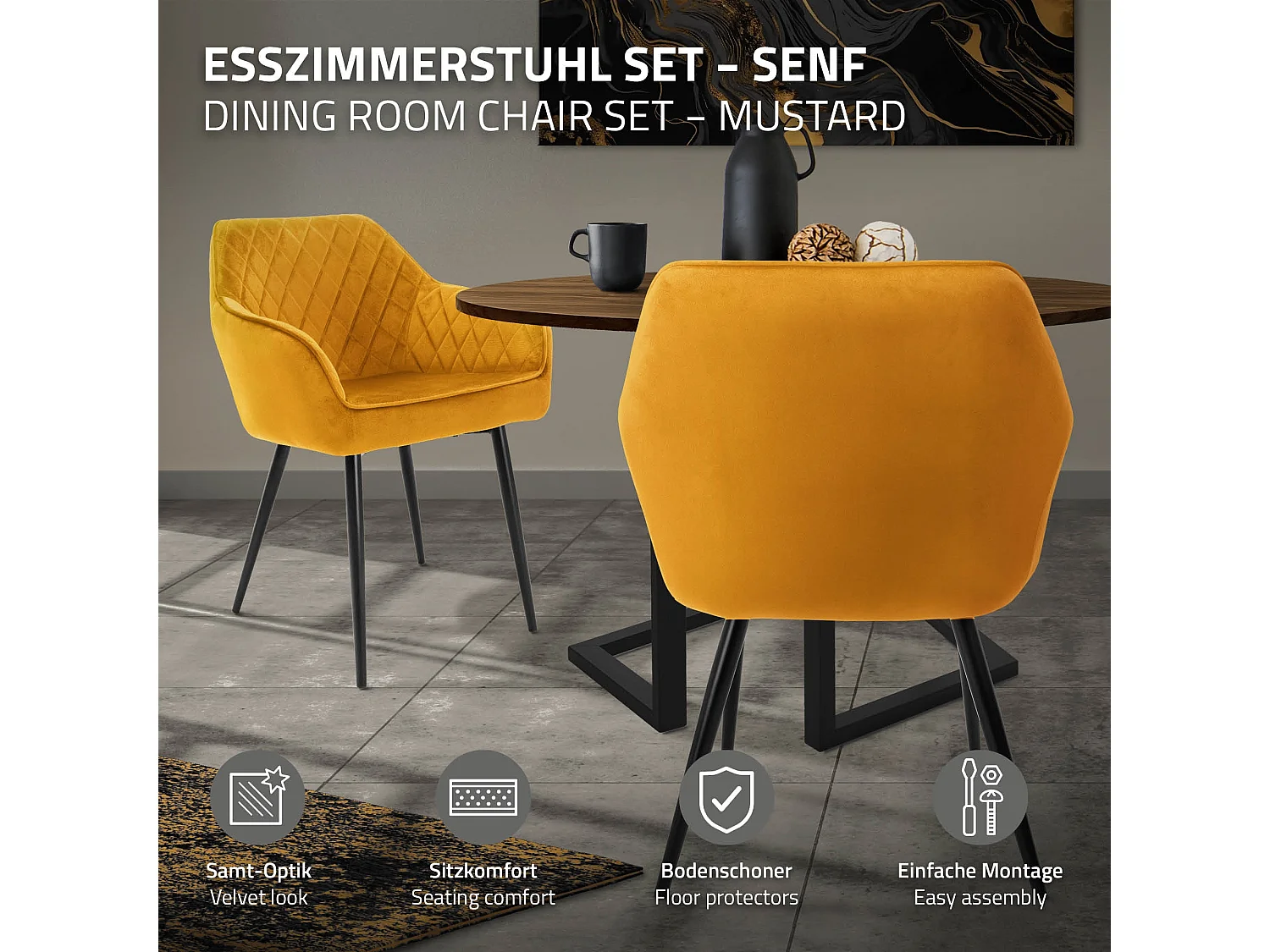 ML-Design Set di 6x poltroncina per sala da pranzo giallo ocra in velluto seduta ergonomica confortevole gambe in metallo sedie da cucina soggiorno