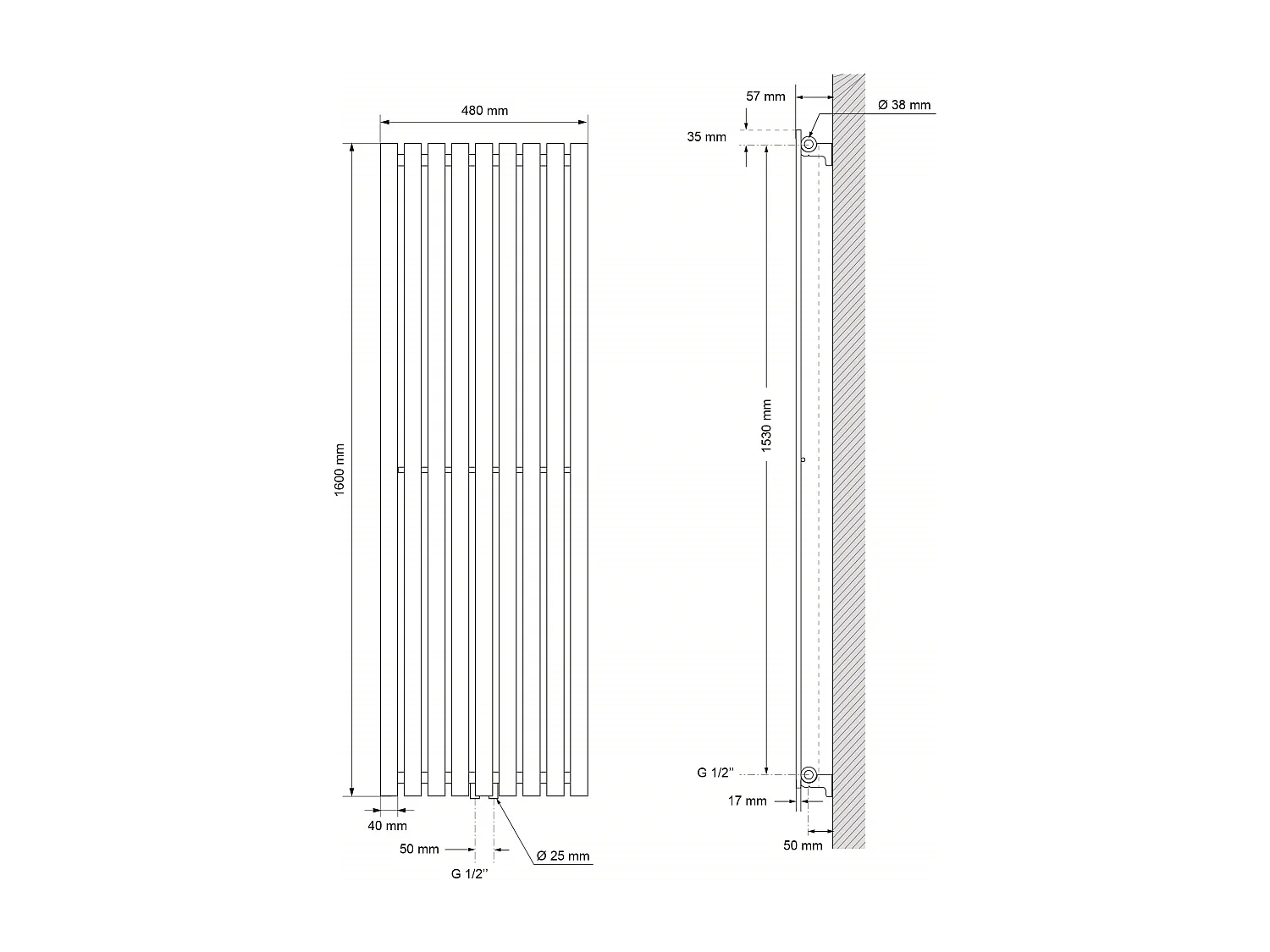 LuxeBath Radiateur design Stella 1600 x 480 mm, noir mat