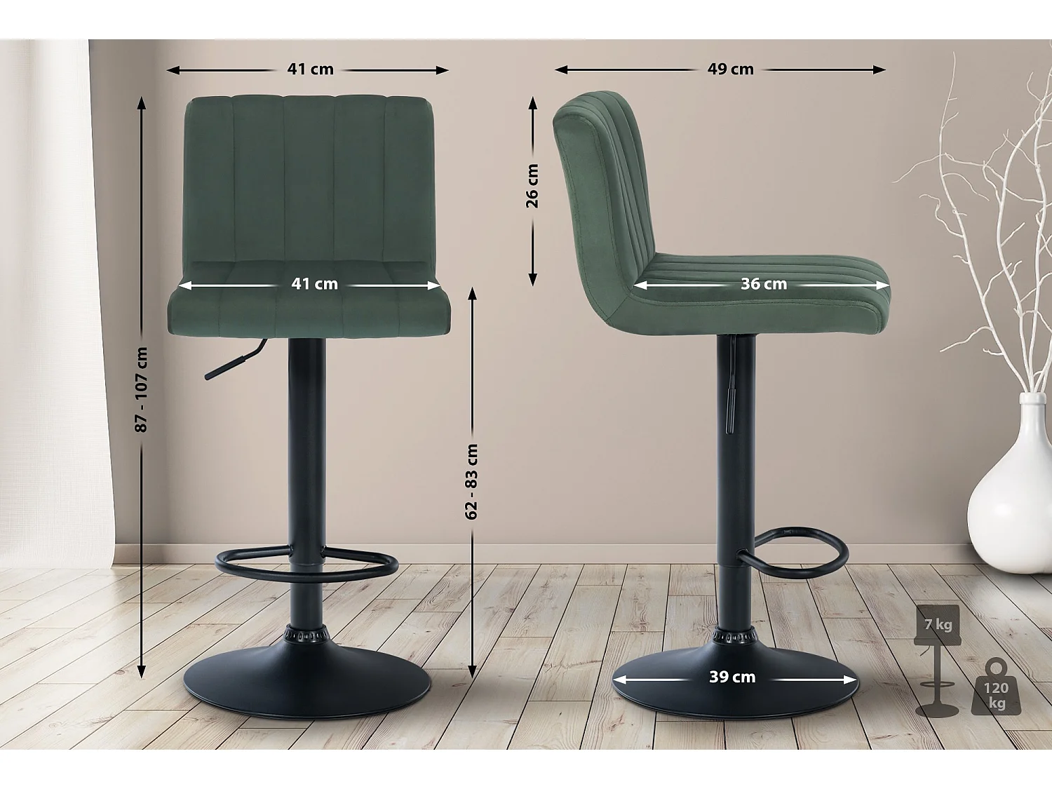 Lot de 2  Tabouret de bar - Velours - Vert - Jamie