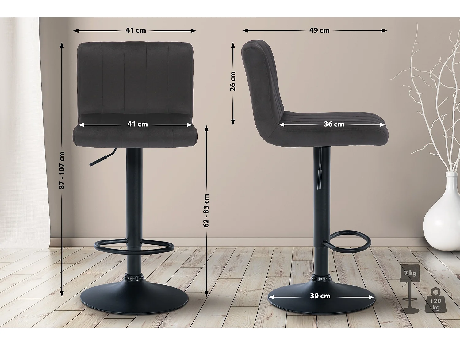 Lot de 2  Tabouret de bar - Velours & Métal noir mat - Noir - Jamie