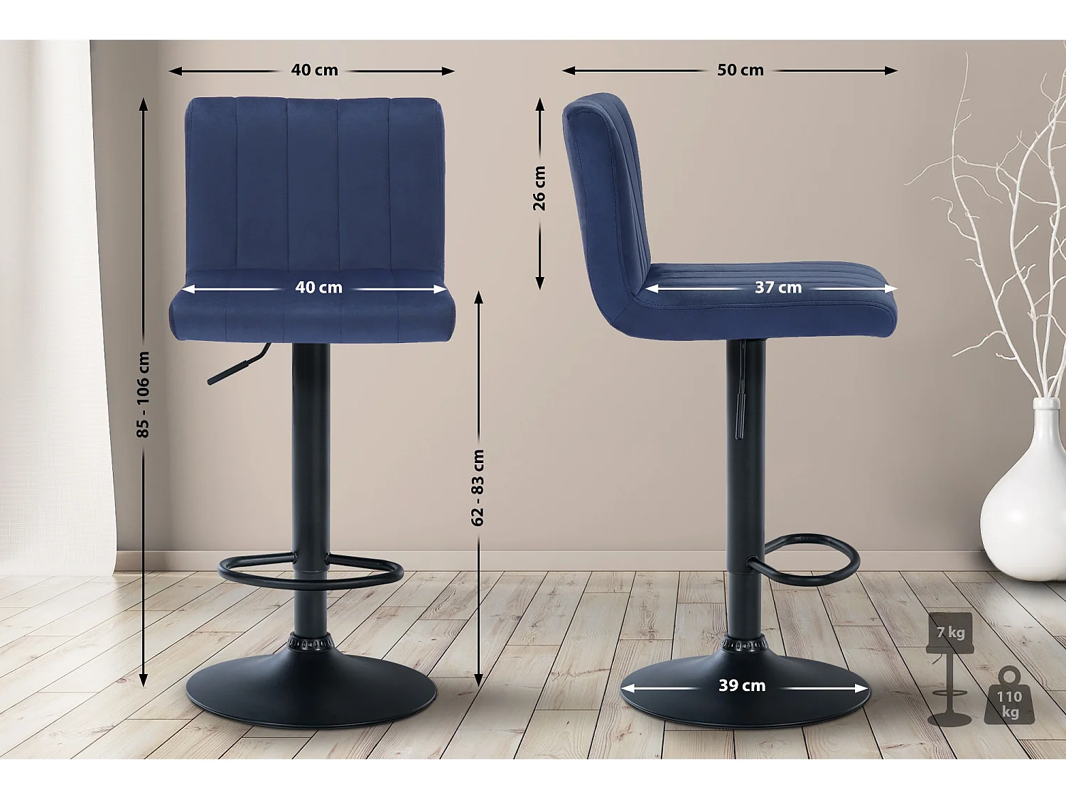 Lot de 2  Tabouret de bar - Velours - Bleu - Jamie