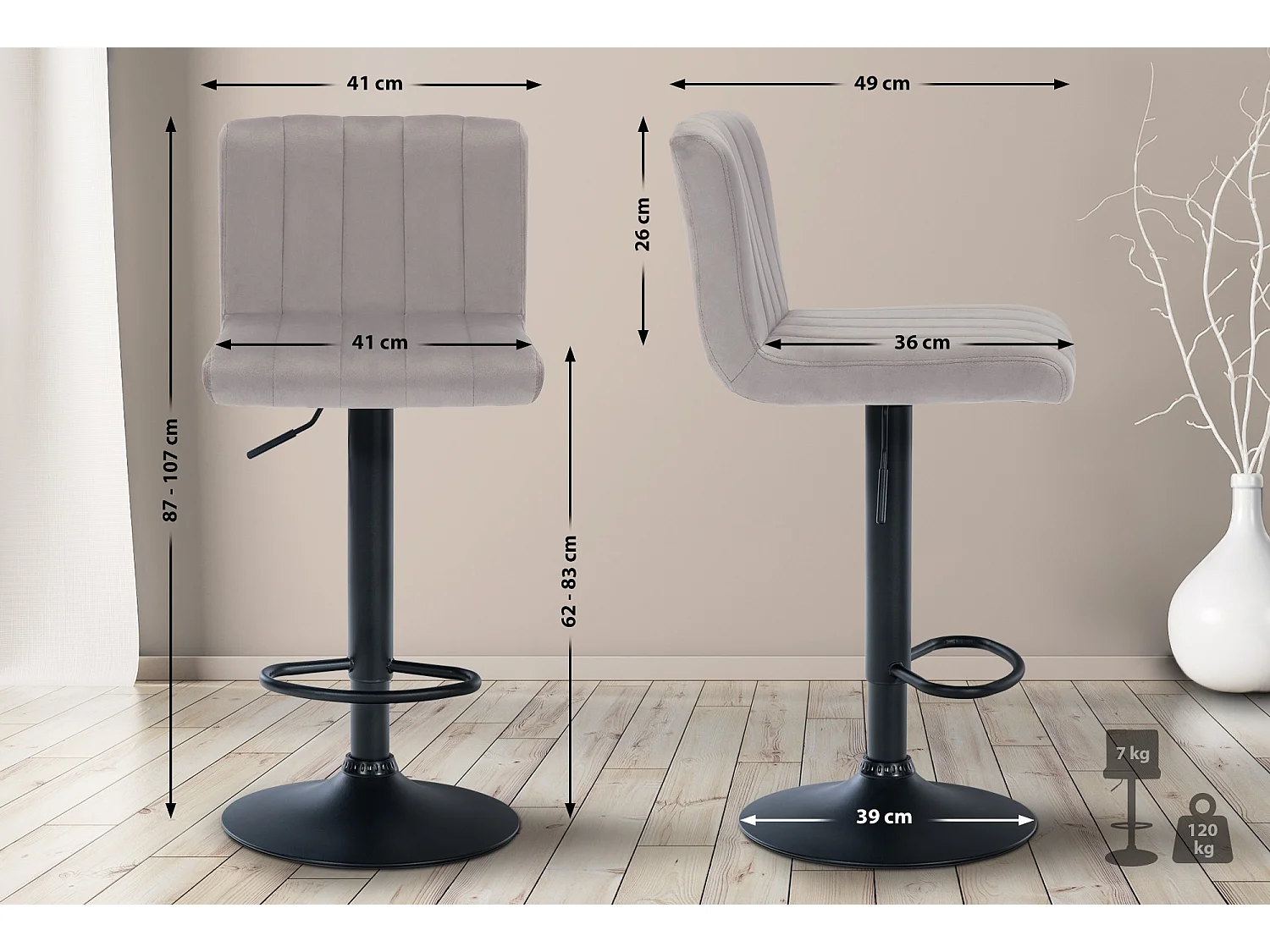 Lot de 2  Tabouret de bar - Velours & Métal noir mat - Gris - Jamie