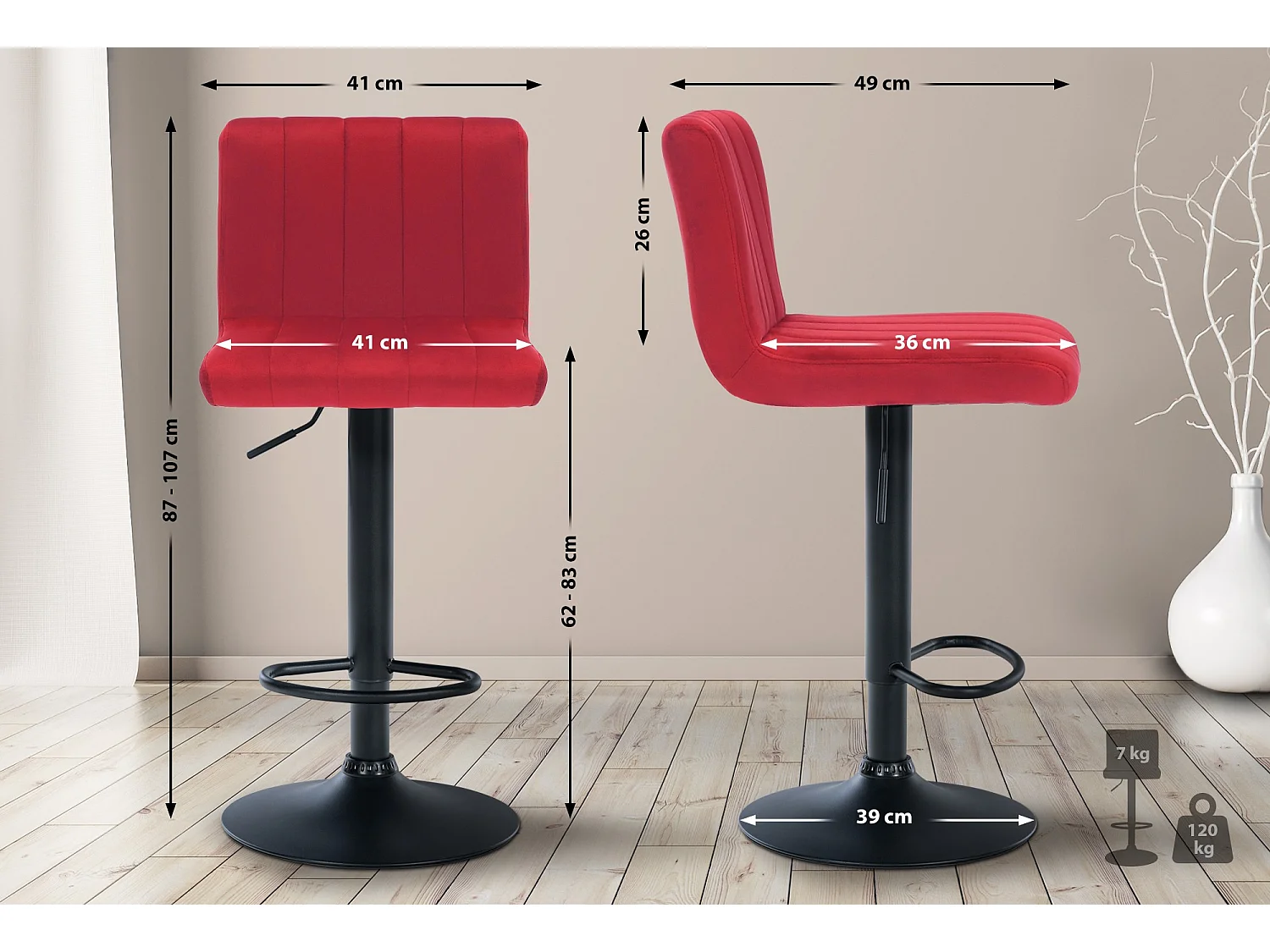 Lot de 2  Tabouret de bar - Velours - Rouge - Jamie
