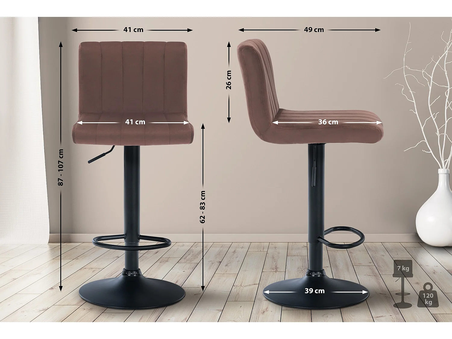 Lot de 2  Tabouret de bar - Velours - Marron - Jamie