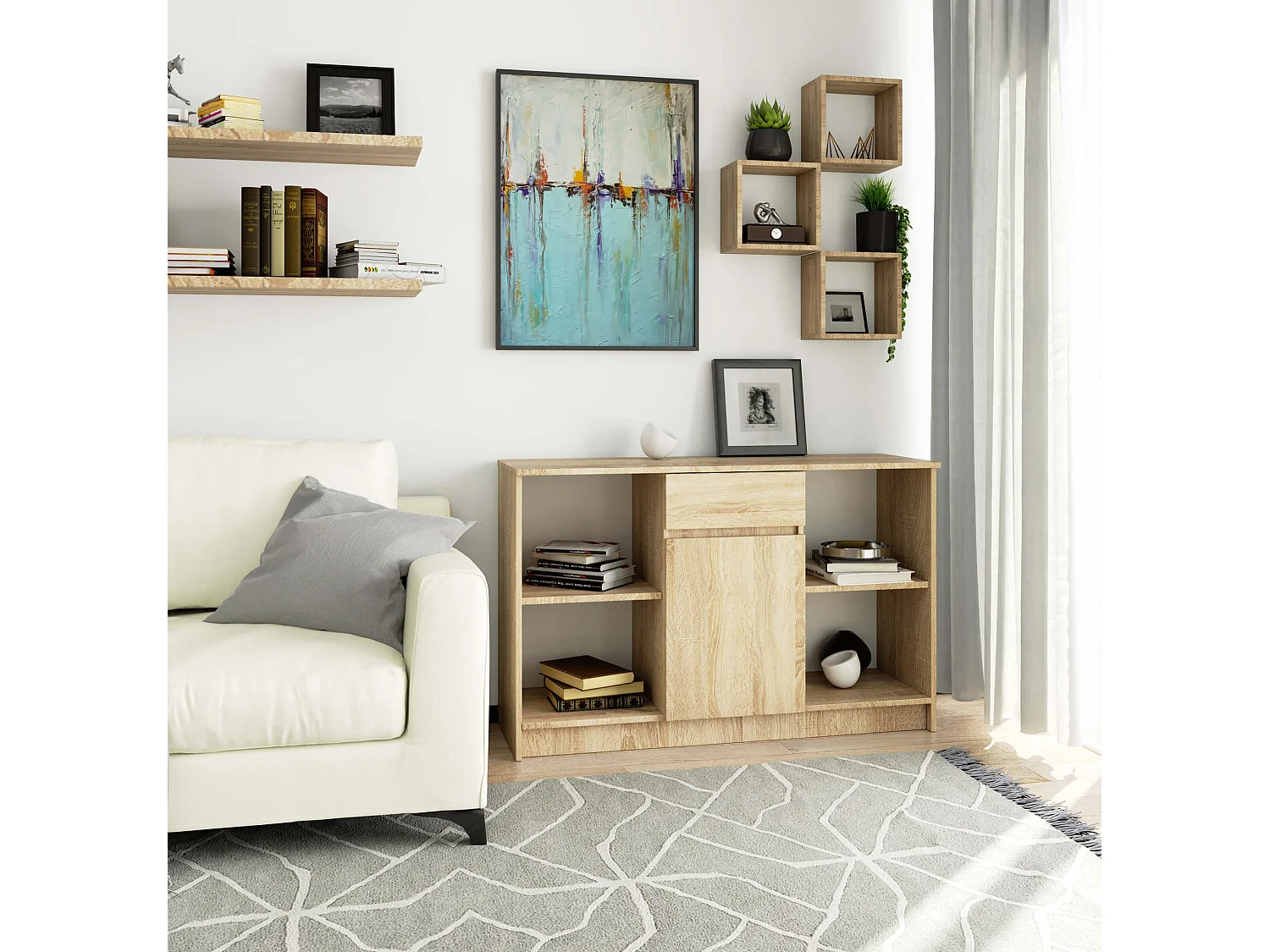 Commode AKORD B17 Chêne Sonoma 120 cm 1 porte 1 tiroir façade Chêne Sonoma 6 étagères 120x40x77 cm