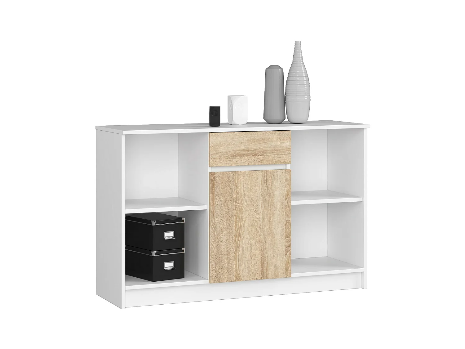 Commode AKORD B17 Blanche 120 cm 1 porte 1 tiroir façade Chêne Sonoma 6 étagères 120x40x77 cm