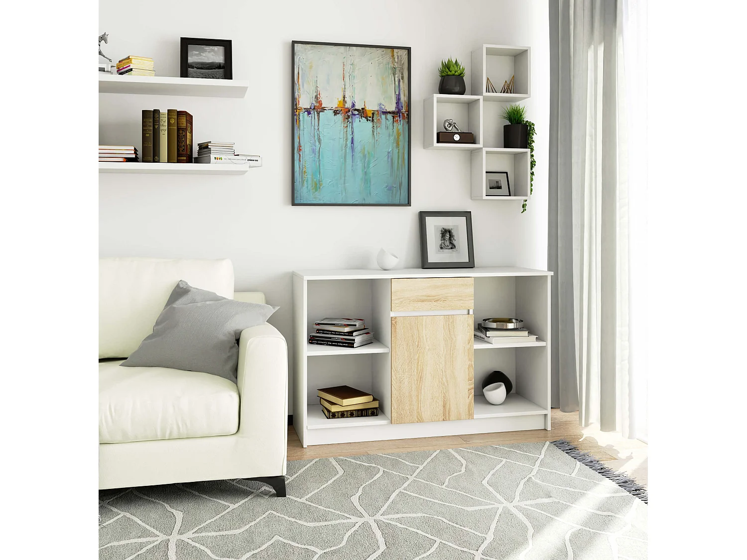 Commode AKORD B17 Blanche 120 cm 1 porte 1 tiroir façade Chêne Sonoma 6 étagères 120x40x77 cm