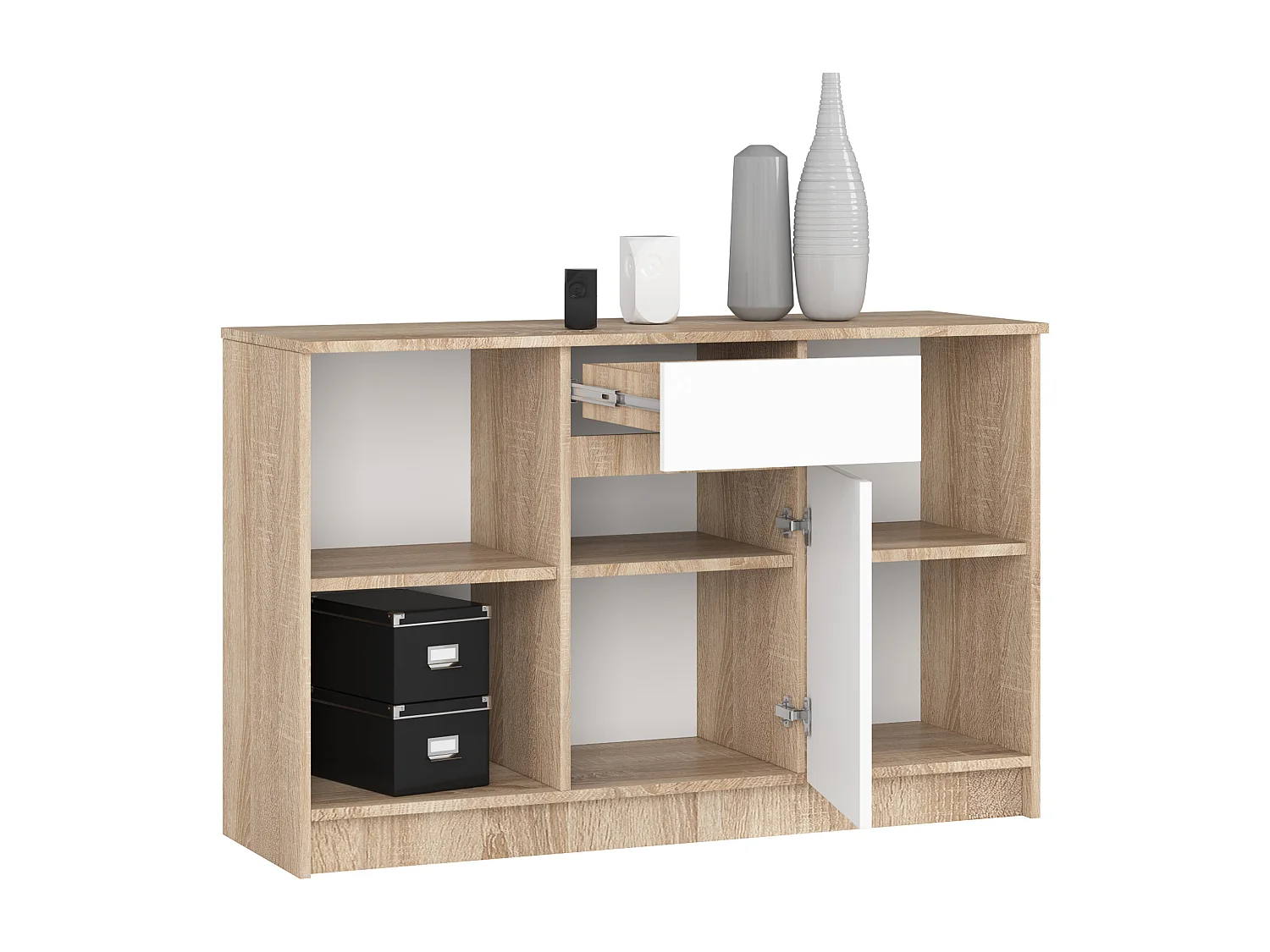 Commode AKORD B17 Chêne Sonoma 120 cm 1 porte 1 tiroir façade Blanche 6 étagères 120x40x77 cm