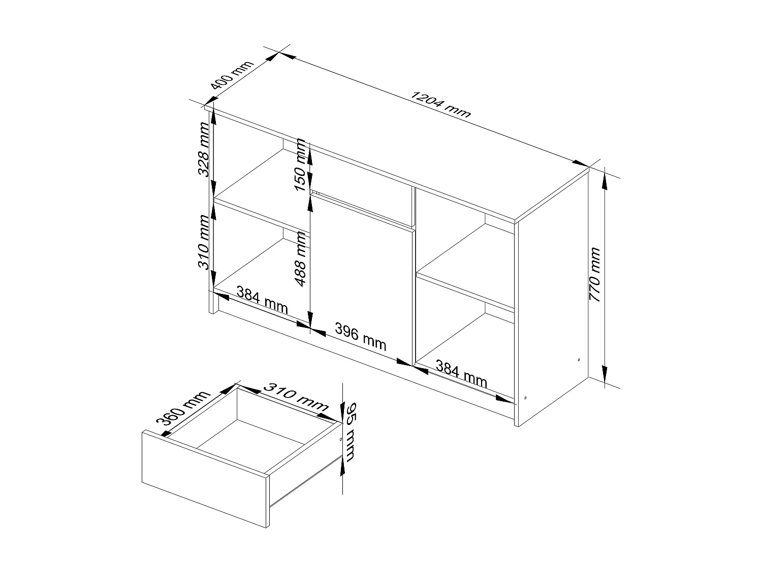 Commode AKORD B17 Chêne Sonoma 120 cm 1 porte 1 tiroir façade Blanche 6 étagères 120x40x77 cm