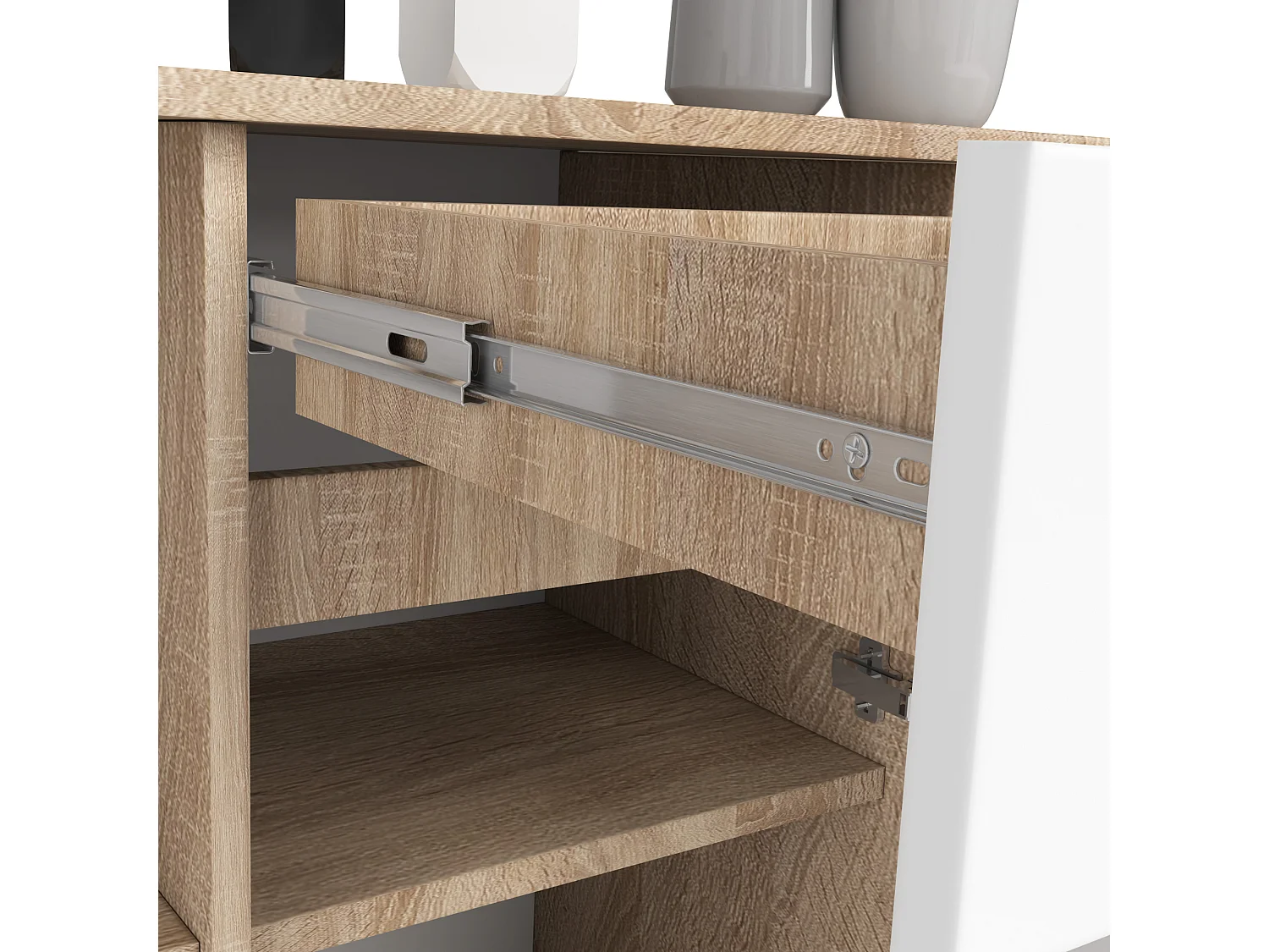 Commode AKORD B17 Chêne Sonoma 120 cm 1 porte 1 tiroir façade Blanche 6 étagères 120x40x77 cm