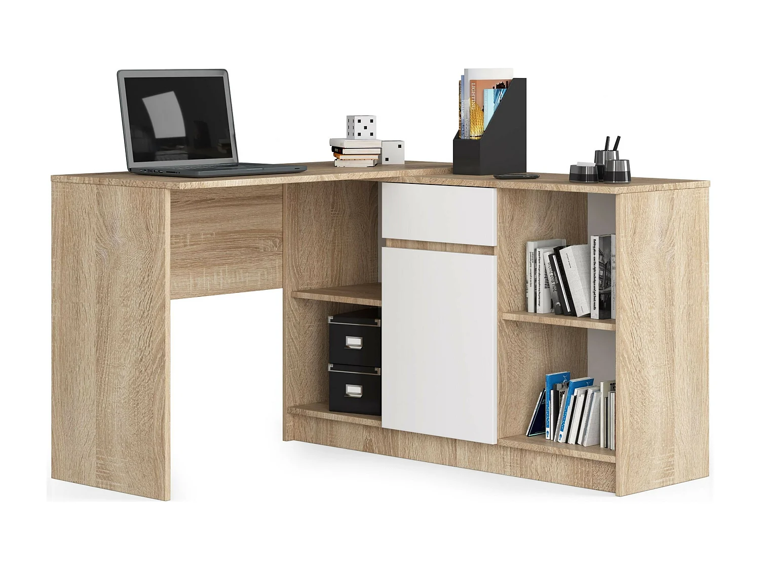 Commode AKORD B17 Chêne Sonoma 120 cm 1 porte 1 tiroir façade Blanche 6 étagères 120x40x77 cm