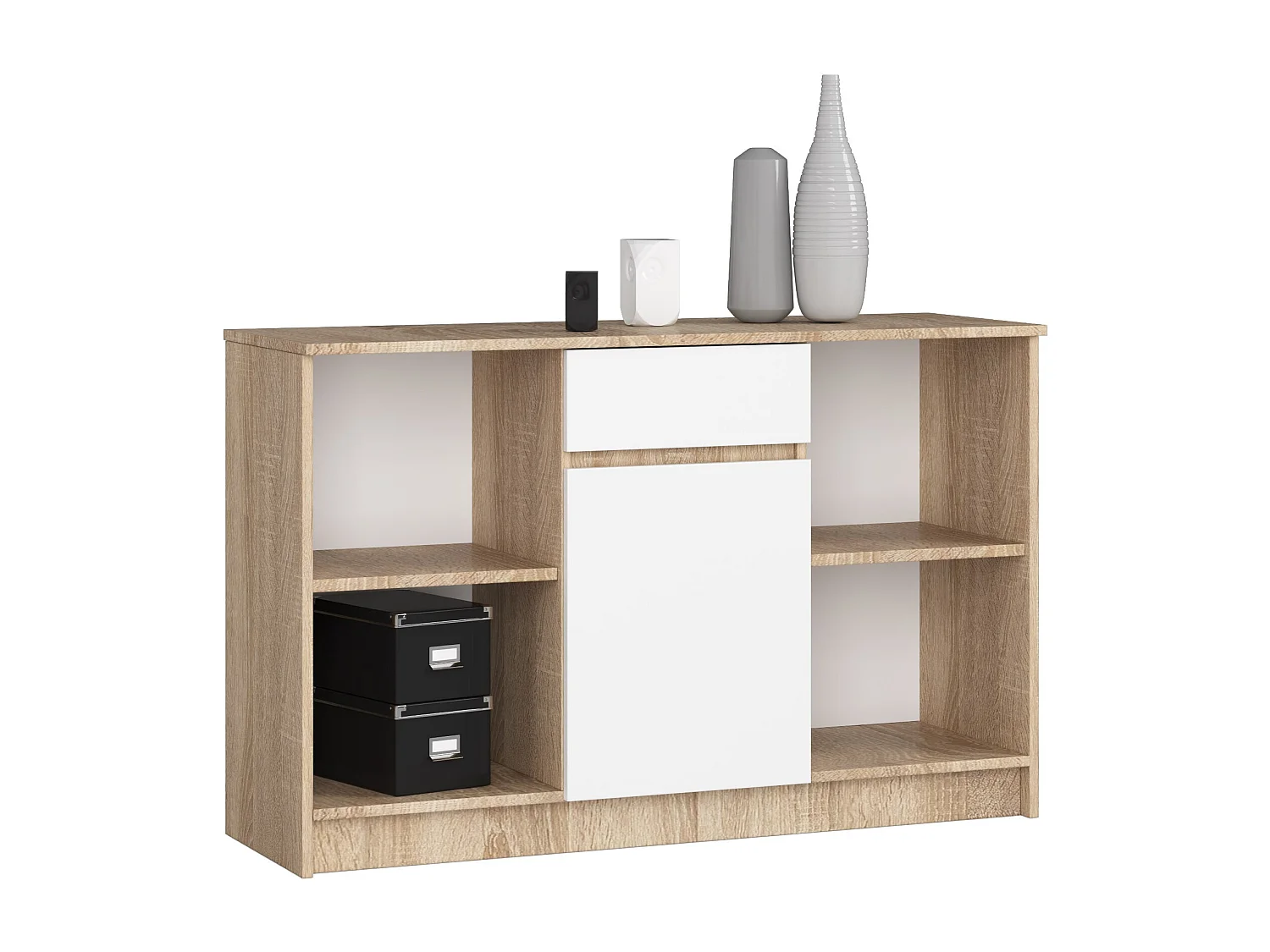Commode AKORD B17 Chêne Sonoma 120 cm 1 porte 1 tiroir façade Blanche 6 étagères 120x40x77 cm