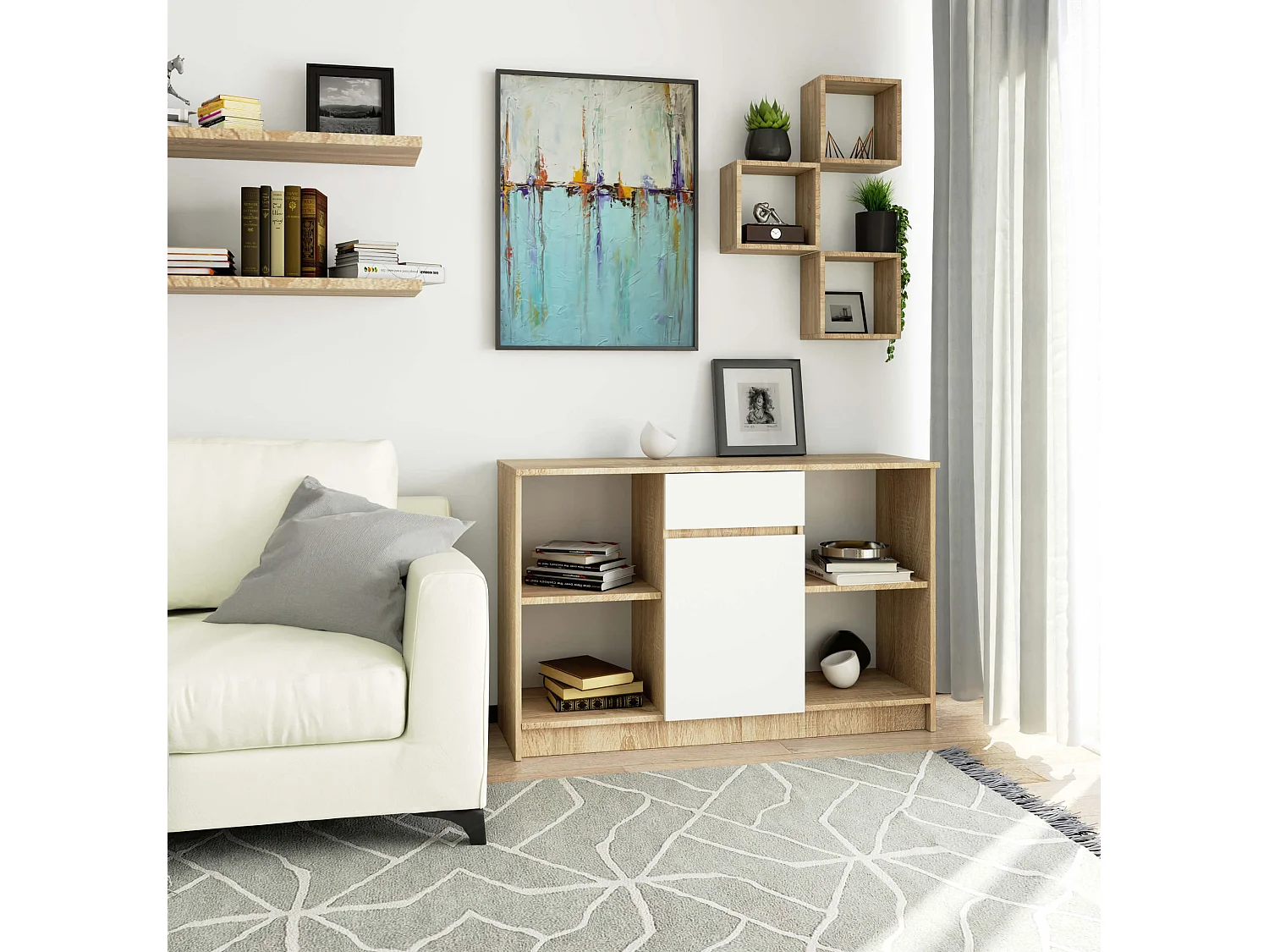 Commode AKORD B17 Chêne Sonoma 120 cm 1 porte 1 tiroir façade Blanche 6 étagères 120x40x77 cm