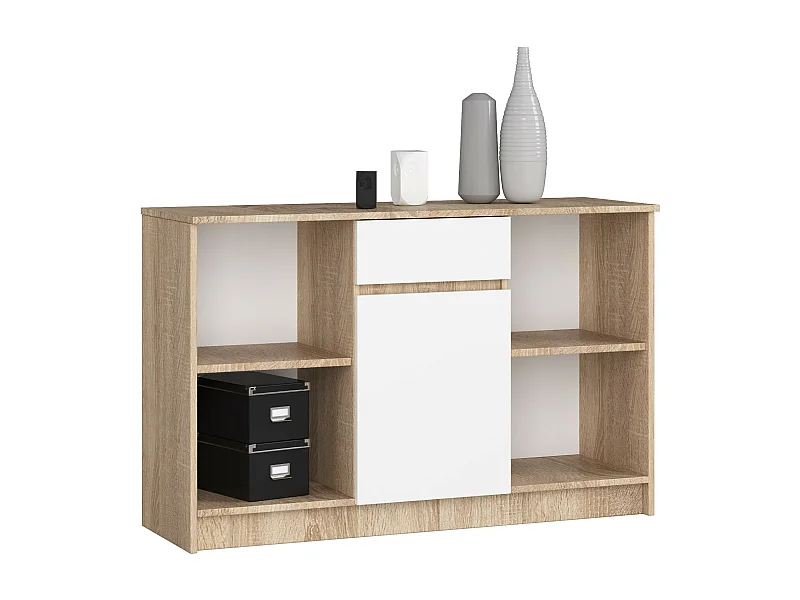 Commode AKORD B17 Chêne Sonoma 120 cm 1 porte 1 tiroir façade Blanche 6 étagères 120x40x77 cm