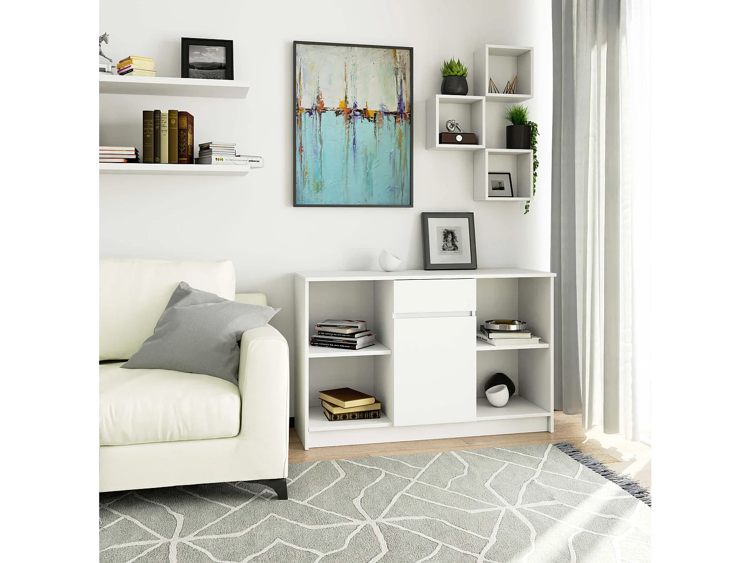 Kommode AKORD B17 Weiß 120 cm Tür Schublade 6 Ebenen B120 x H77 x T40 cm