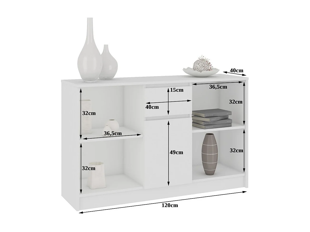 Commode AKORD B17 Blanche 120 cm 1 porte 1 tiroir façade Blanche 6 étagères 120x40x77 cm