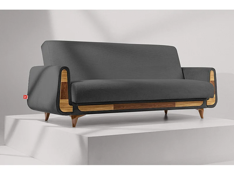 Canapé convertible GUSTAVO - 3 places - Tissu velours côtelé - Gris foncé