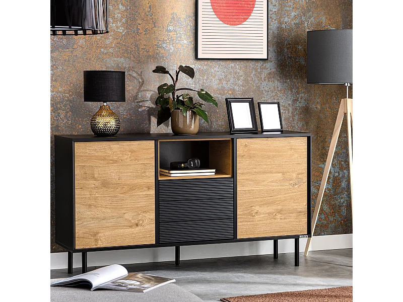 Kommode TV/HiFi-Einlage - schwarz / Eiche natur - LOFTY