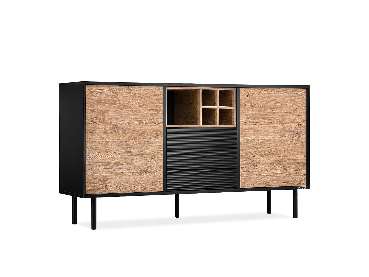 Kommode Weineinlage - schwarz / Eiche natur - LOFTY