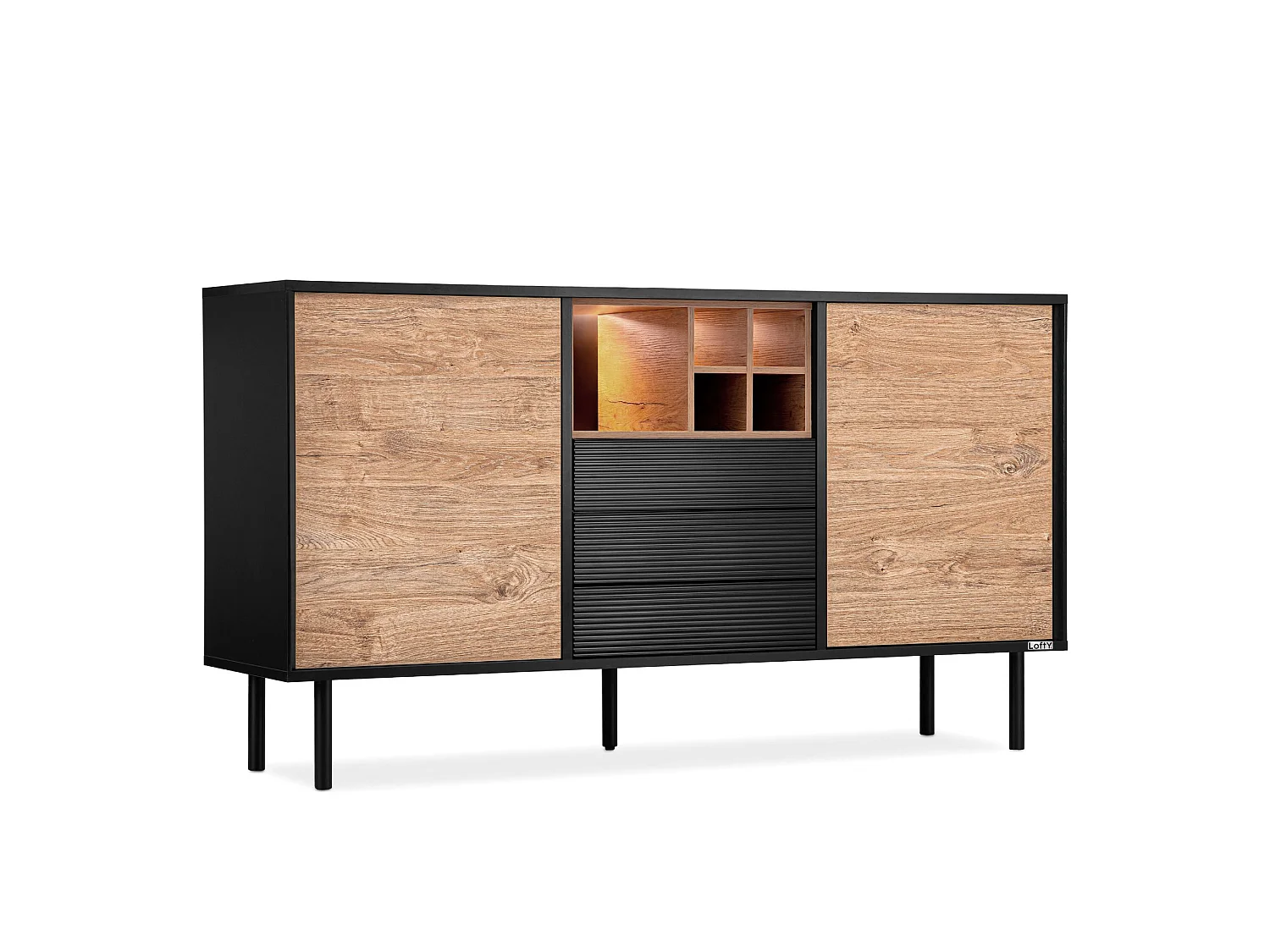 Kommode Weineinlage - schwarz / Eiche natur - LOFTY