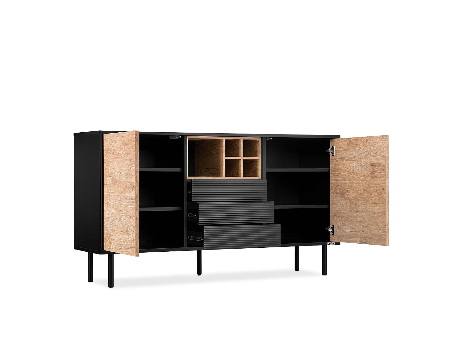 Kommode Weineinlage - schwarz / Eiche natur - LOFTY