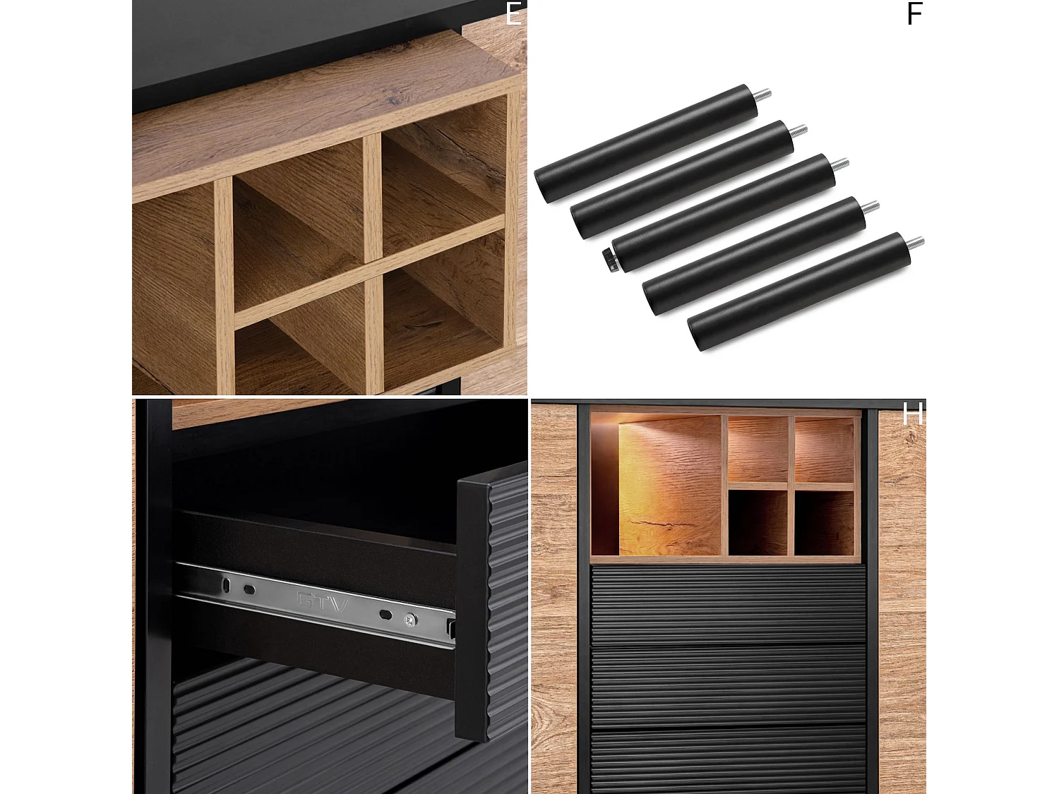 Kommode Weineinlage - schwarz / Eiche natur - LOFTY